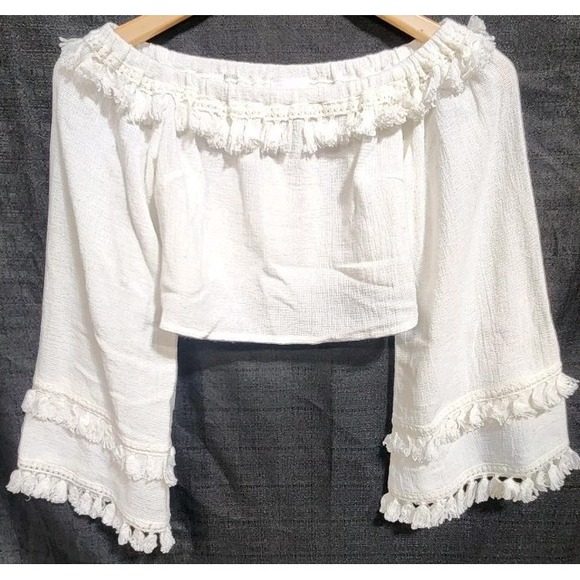 SKYLAR+MADISON White Bell Tassel Sleeve Top Crop Beach Boho Gypsy Festival NWT M - Picture 2 of 11